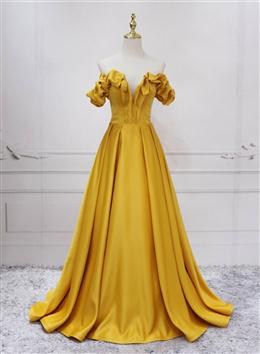 Picture of Gold Satin A-line Sweetheart Long Junior Prom Dresses, Floor Length Satin Evening Dresses